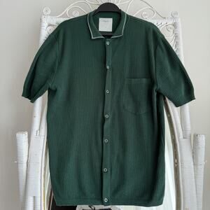 Percival Polo Sweater Mens Large Green Cotton Knit Short Sleeve Snap Front